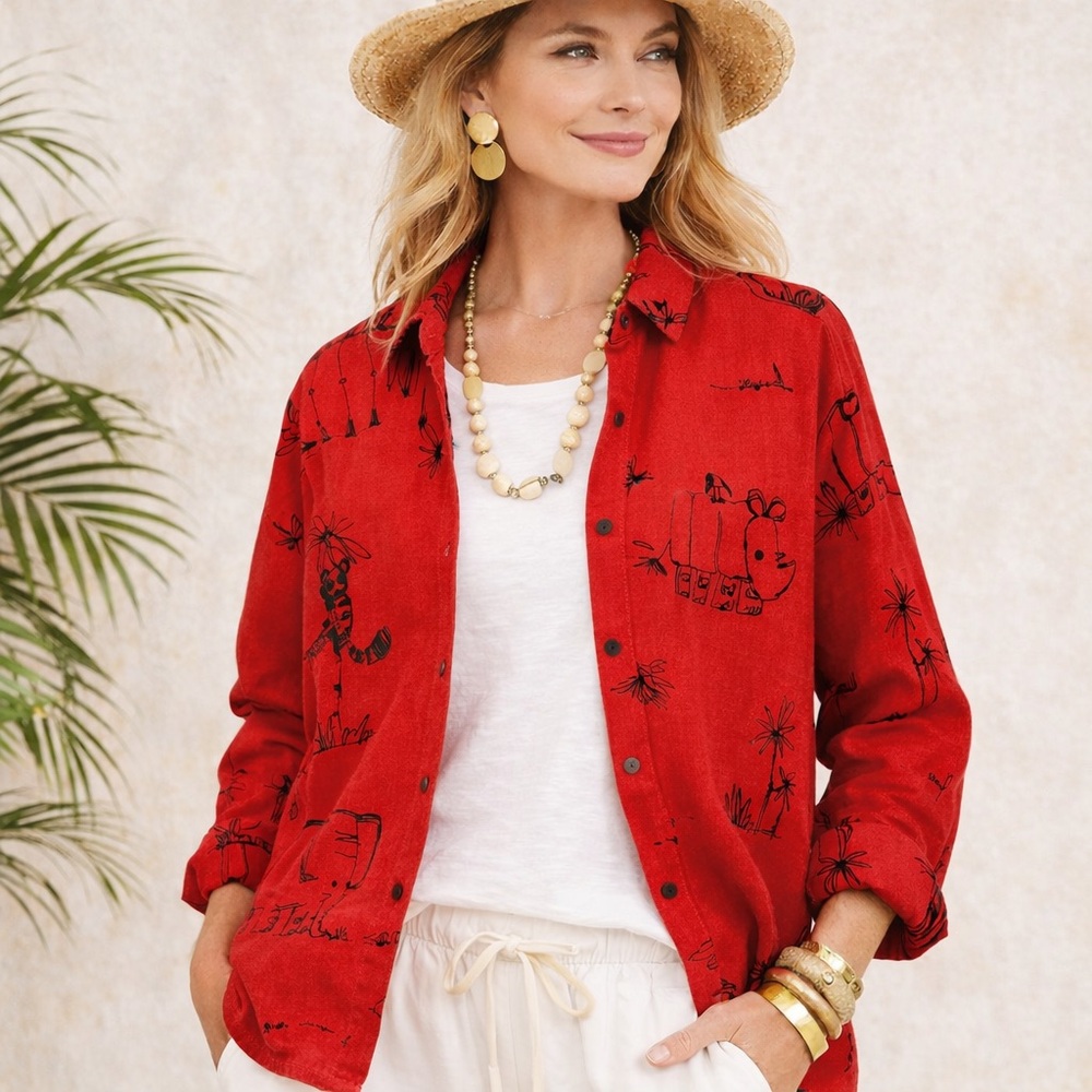 Chico’s Safari Animal Print 100% Linen Novelty 90’s Y2K Eclectic Red Jacket Sz 2